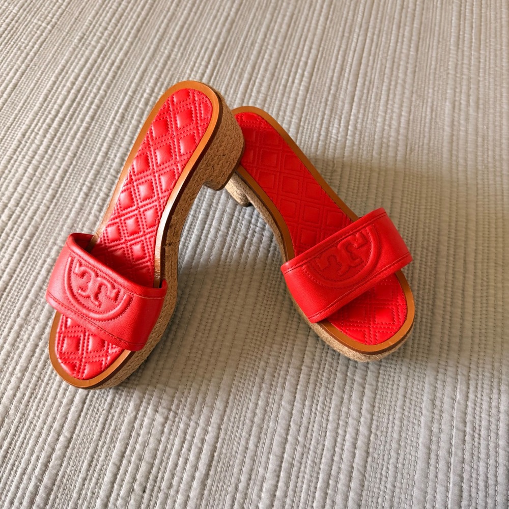 NEW Tory Burch Women's Ines Red Leather Espadrille Platform Slide Sandals‎ 6.5M